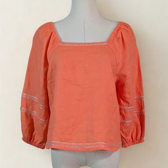 Joie Coral Linen Peasant Blouse Square Neck Silver Trim Small Boho Chic - Picture 1 of 5